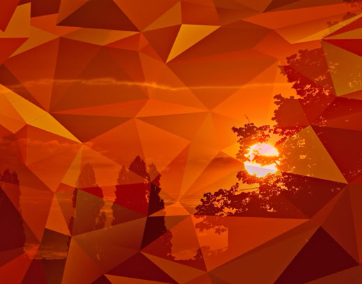 Abstract geometric pattern with shades of orange and red, featuring a sun and silhouetted trees.
