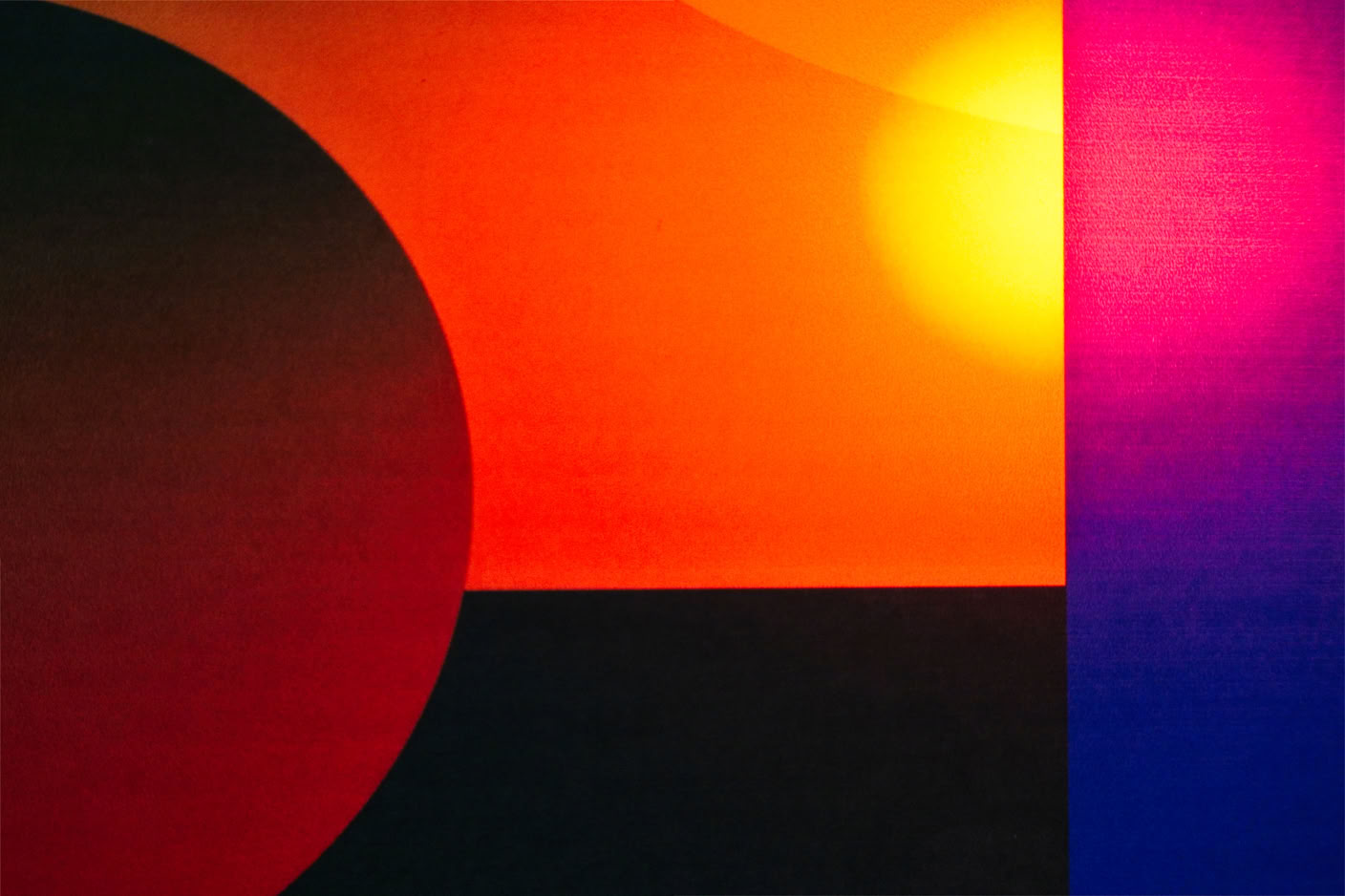 Abstract geometric artwork with a large black semicircle on the left, a gradient of orange to red in the center, a bright yellow circle, and a vertical band of pink to blue on the right.