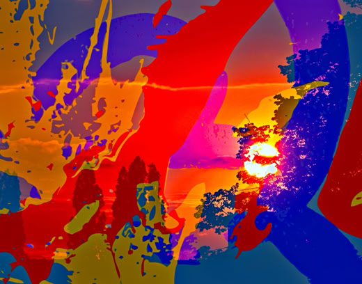 Abstract artwork with bold splashes of red, blue, orange, and yellow, featuring a circular shape resembling a sun near the center.
