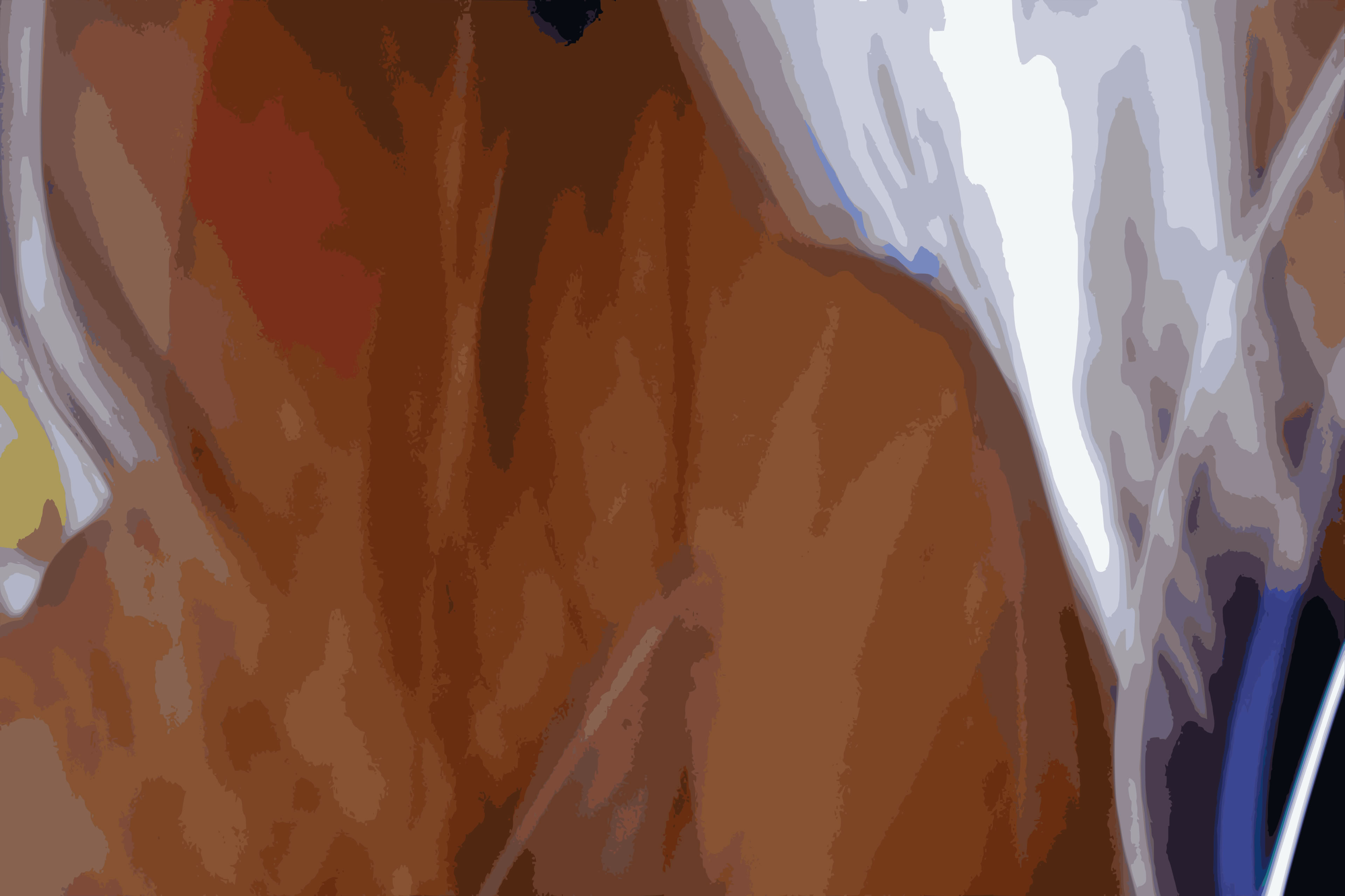 Abstract image of a waitress in a cafe with shades of brown, white, and hints of blue and yellow.