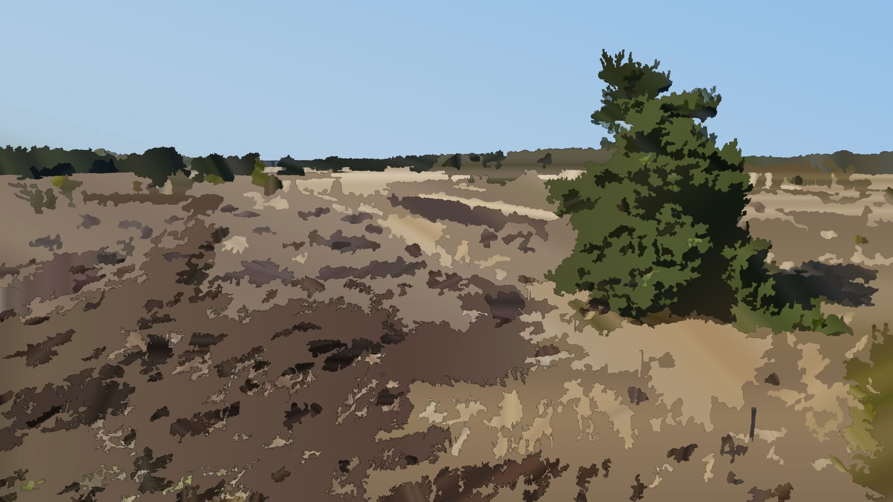 A landscape with a single tree on a sandy terrain, surrounded by sparse vegetation under a clear blue sky.
