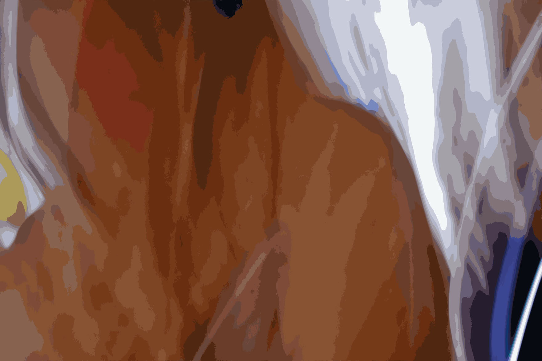 Abstract image of a waitress in a cafe with shades of brown, white, and hints of blue and yellow.