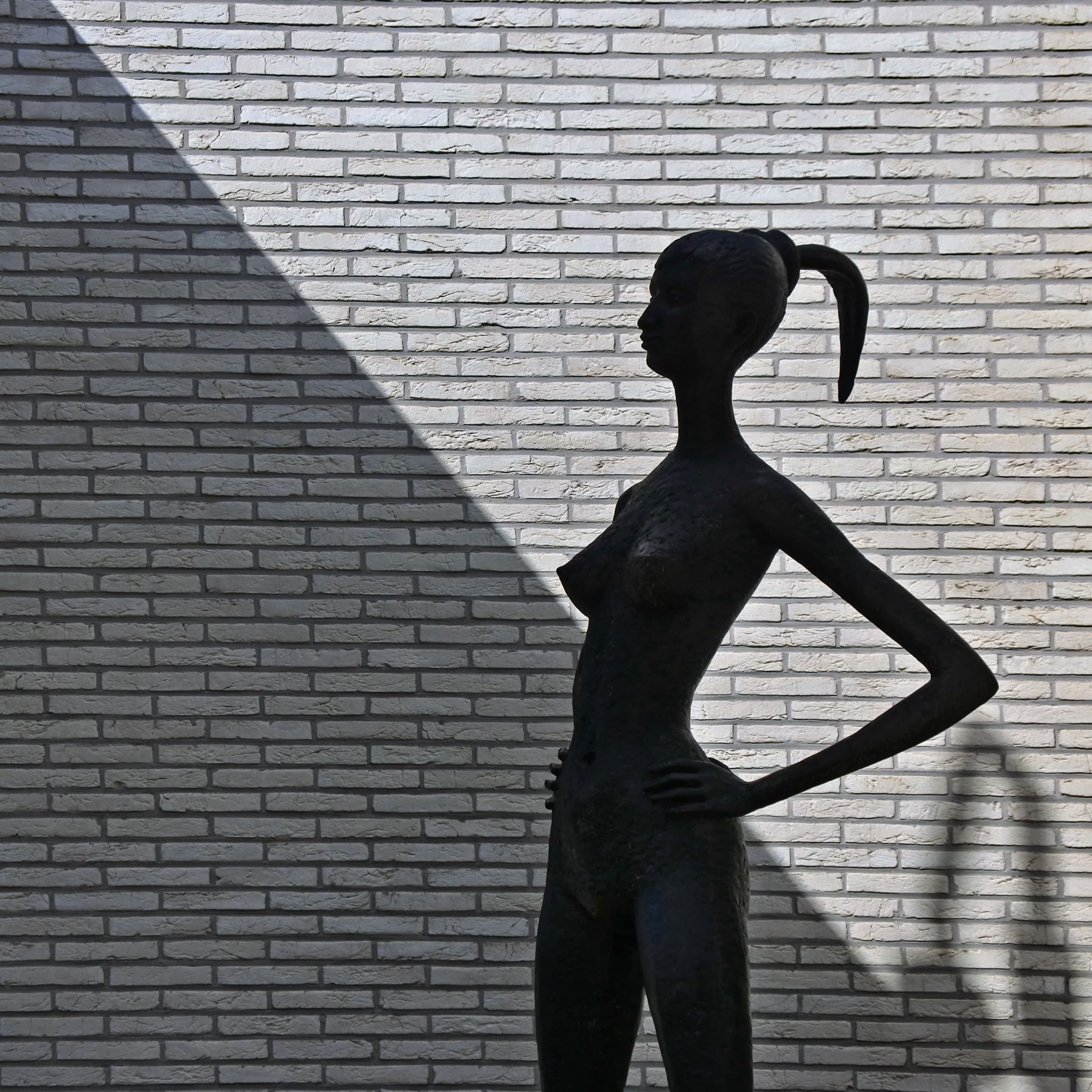 Silhouette of a slender statue with a ponytail against a brick wall, with a diagonal shadow cast across the background.