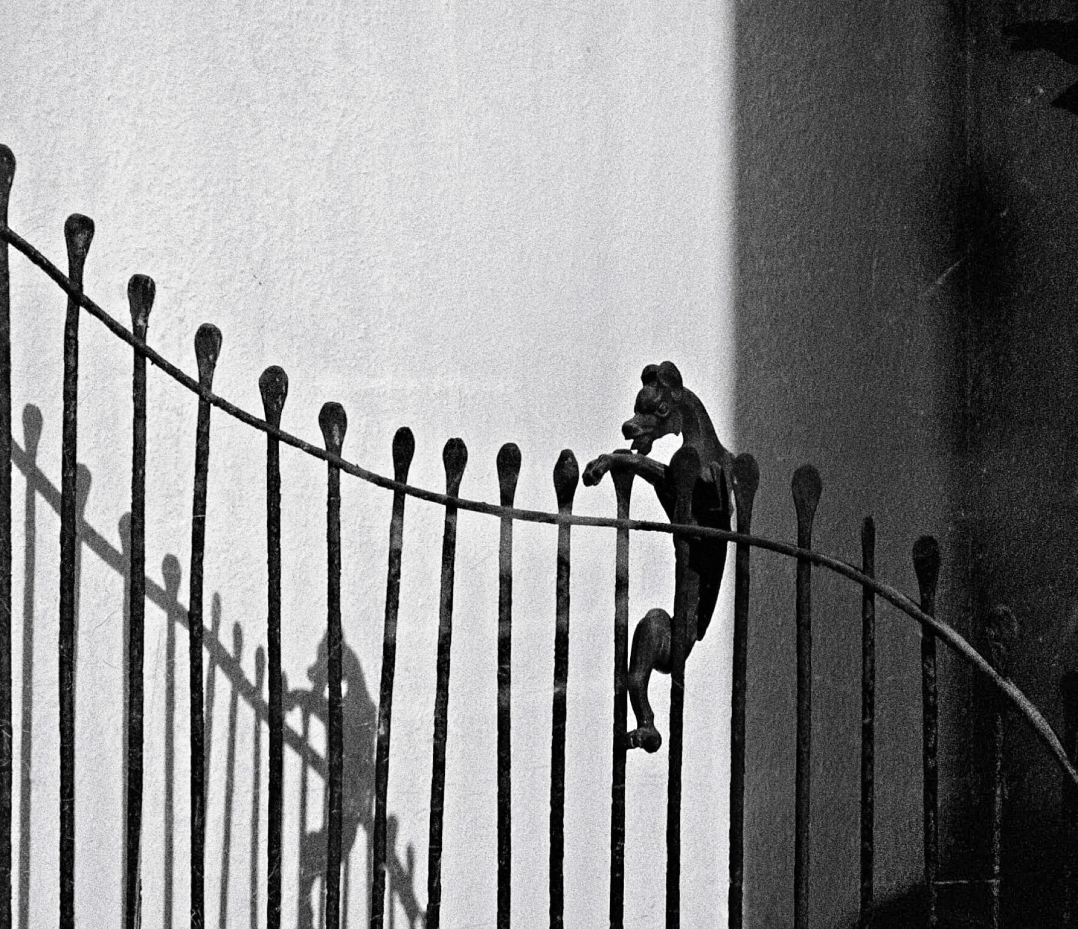 A devil fugure climbing a curved metal fence with its shadow cast on a white wall.